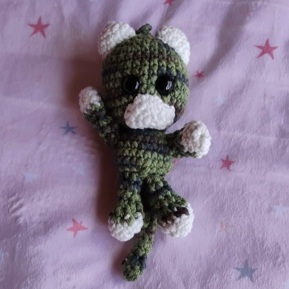 Handmade Green and White Crochet Cat Plush